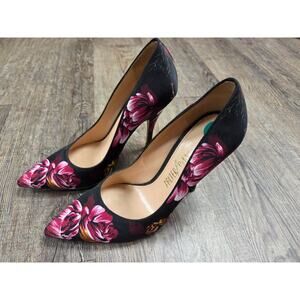 Palter DeLiso Genuine Stiletto Heels Black Pink Floral Silk Fabric Shoes 38 -7